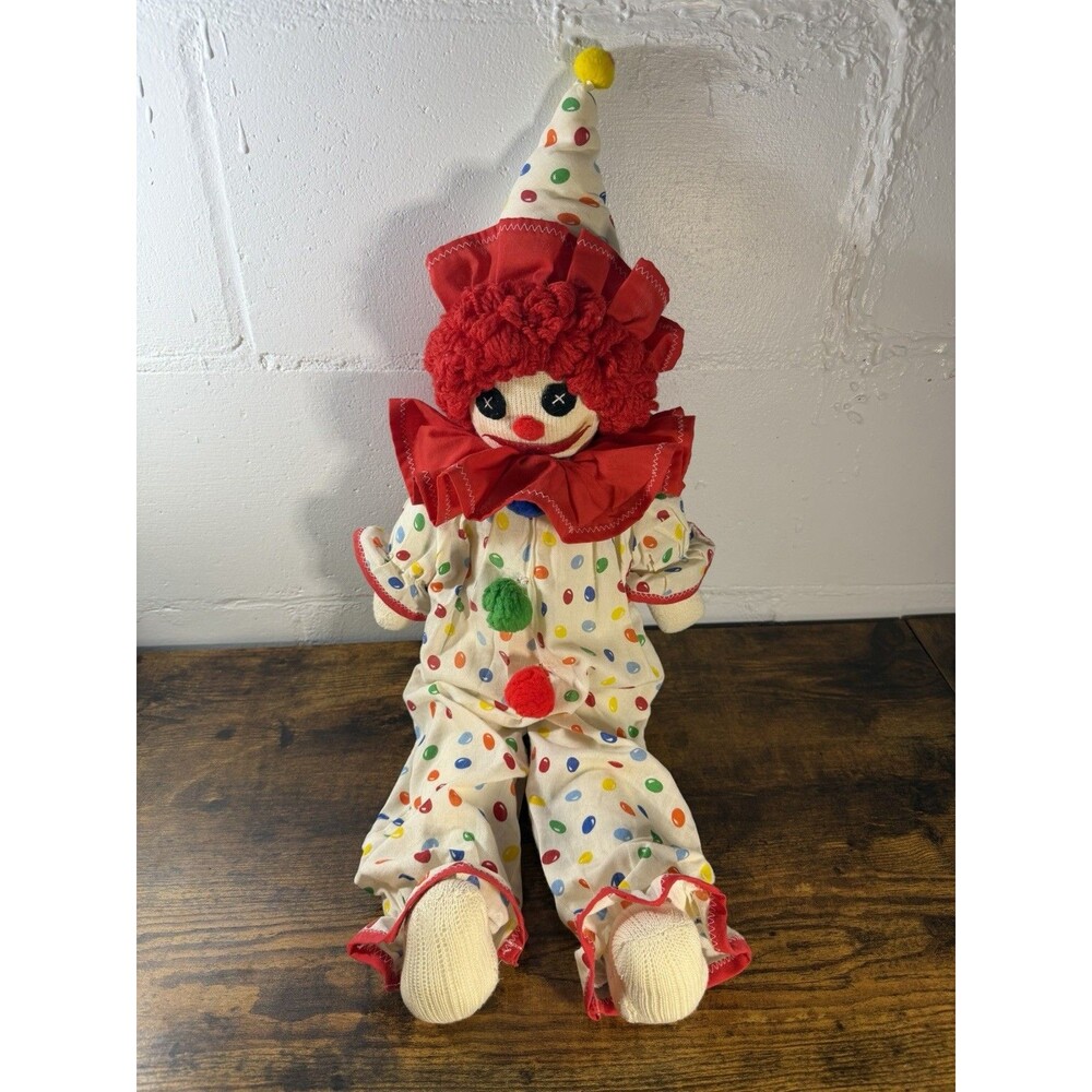Vintage Handmade Sock Clown Doll Polka Dot Rag Doll Plush 1970s 1980s